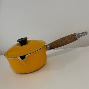 LE CREUSET vintage saucepan #14 cast iron wood handle marigold made in France